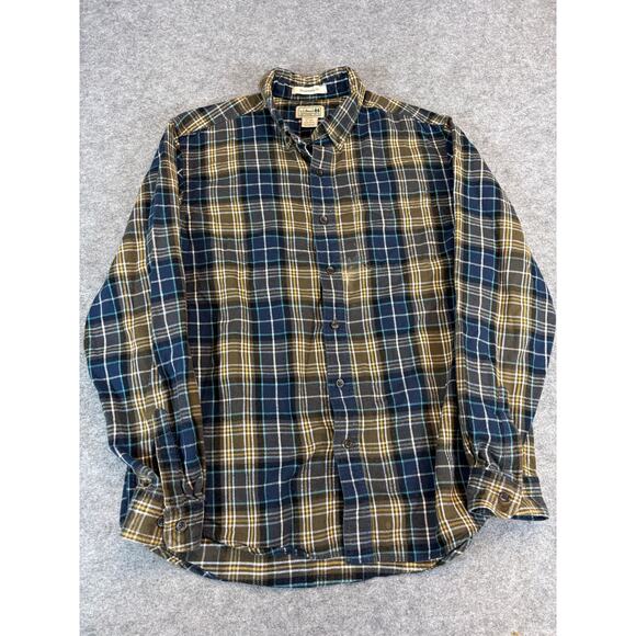 LL Bean Button Down Shirt Mens Medium Blue Plaid Traditional Fit Flannel Western - Picture 1 of 6